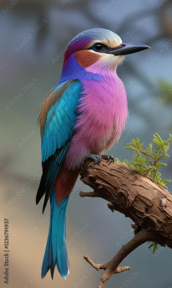 Fototapeta premium Lilac breasted roller in profile on a tree branch, beauty, feathers, beak, plumes, wildlife conservation