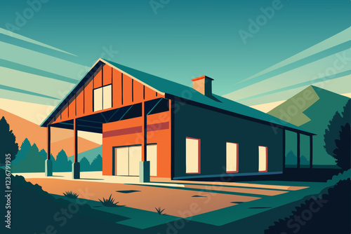 old farm house in sunset