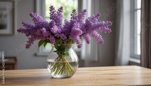 Wallpaper Mural Lilac flowers in a clear glass vase on a modern wooden table, lilac vase, modern home decor, botanical art Torontodigital.ca