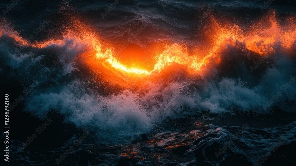 Fototapeta premium Fiery Sunset Waves Ocean, Dramatic Seascape
