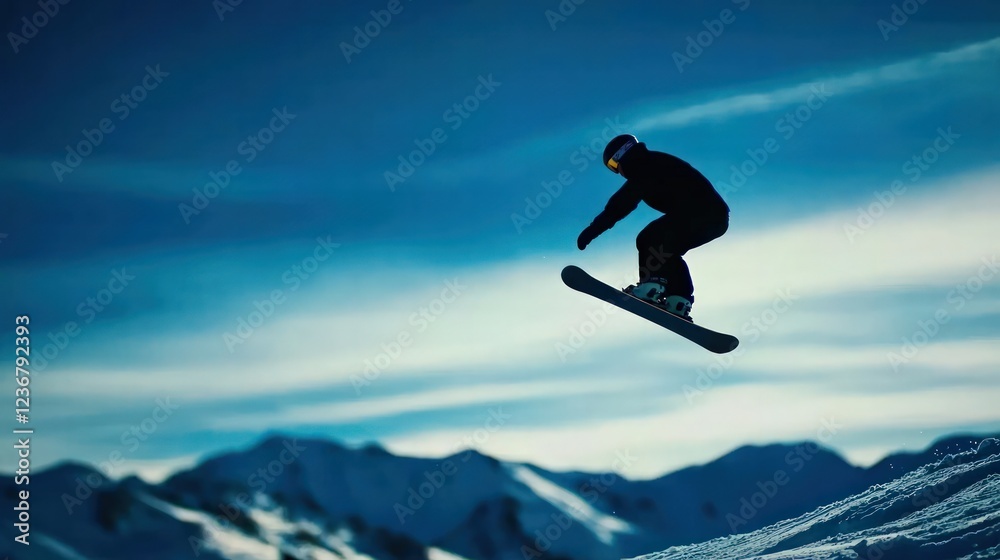 Snowboarder Soaring: A snowboarder silhouetted against a vibrant blue sky, executes a daring aerial maneuver above a snow-covered mountain range. Snowboarder Soaring: A snowboarder silhouetted against a vibrant blue sky, executes a daring aerial maneuver above a snow-covered mountain range.