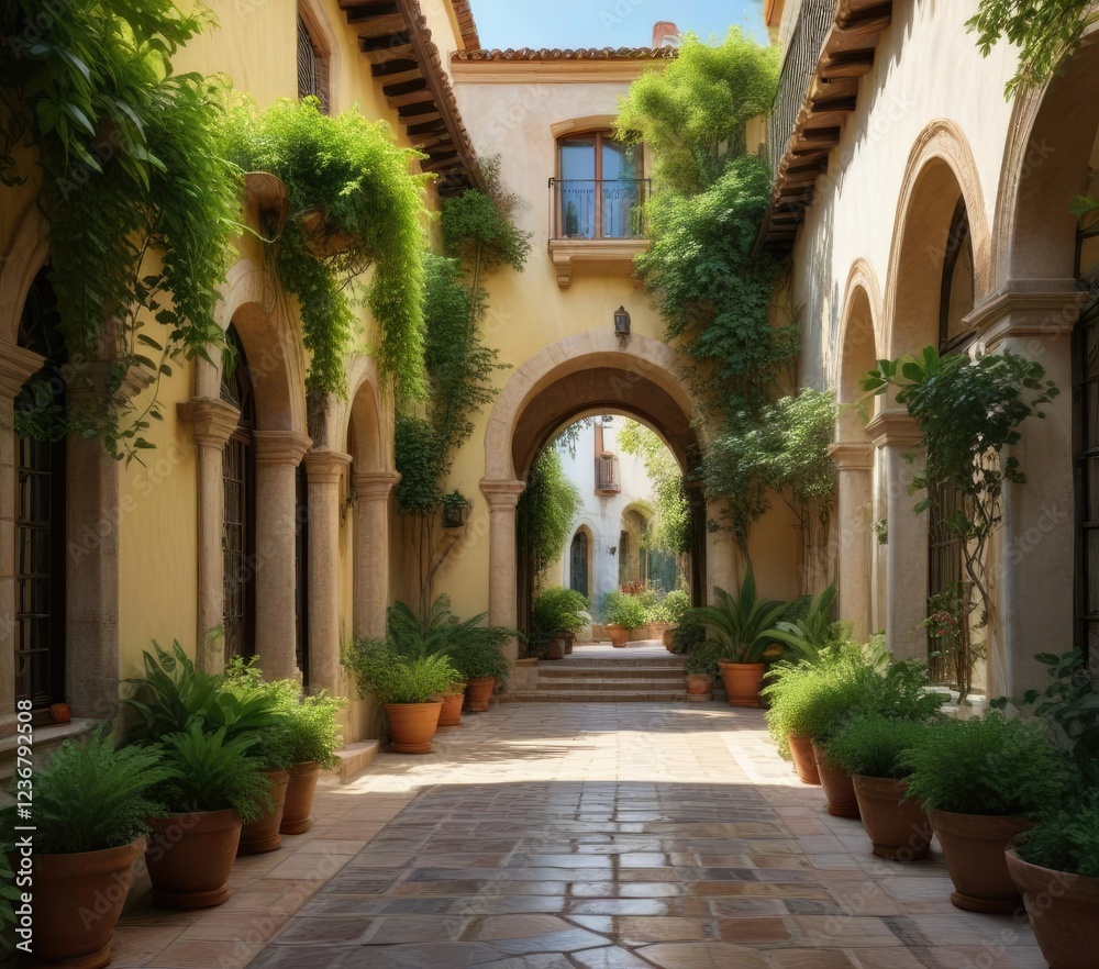 Naklejka premium Lush greenery and arched windows in a traditional Spanish courtyard, exterior, architecture, landscape