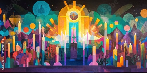 Colorful abstract mural depicting spiritual candlescape,  peaceful background, suitable for meditation or faith.