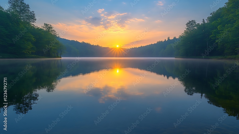 Fototapeta premium Sunrise lake landscape trees
