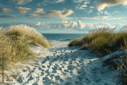 Fototapeta Naklejka Na Ścianę i Meble -  Picturesque sandy path winds through dune grass, leading to a serene beach at sunset
