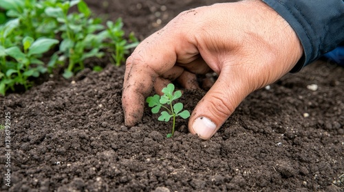 Hand planting a small green seedling into rich dark soil, surrounded by young plants in a garden