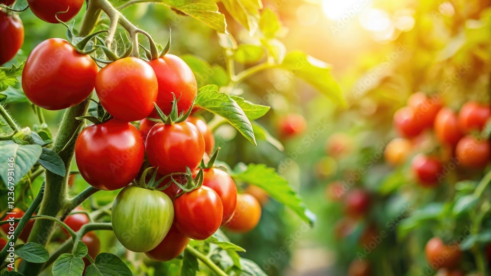 Mature tomato plant with green leaves and red fruit in a sunny outdoor setting, vegetable garden design, natural beauty Mature tomato plant with green leaves and red fruit in a sunny outdoor setting, vegetable garden design, natural beauty