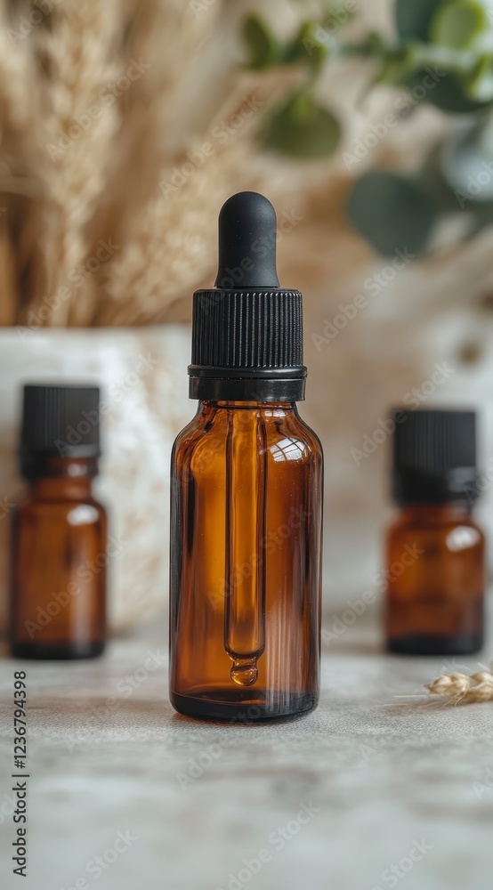 Amber glass dropper bottles on a light textured surface, with a blurred background of dried flowers and greenery. A close up product shot showcasing Amber glass dropper bottles on a light textured surface, with a blurred background of dried flowers and greenery. A close up product shot showcasing