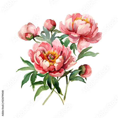 Fototapeta Naklejka Na Ścianę i Meble -  Peonies flowers and leaves isolated on white background. Watercolor hand drawn peony illustration for design.
