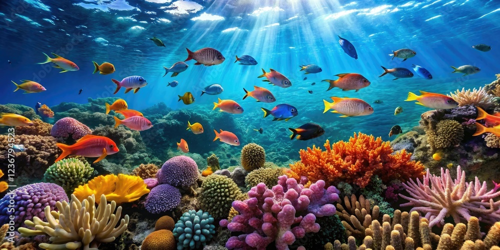Obraz premium Oceanic reef with vibrant coral formations and schools of fish swimming through the crystal clear waters, aqua colors, ocean scenery, marine biology