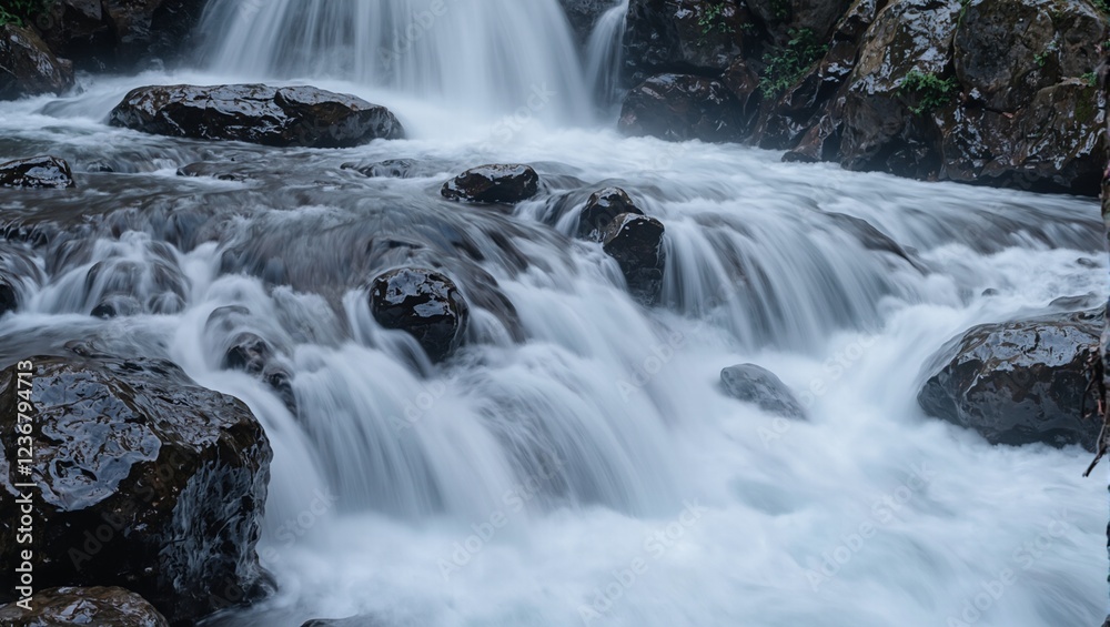 Captivating waterfall in motion blur over rocky terrain Captivating waterfall in motion blur over rocky terrain