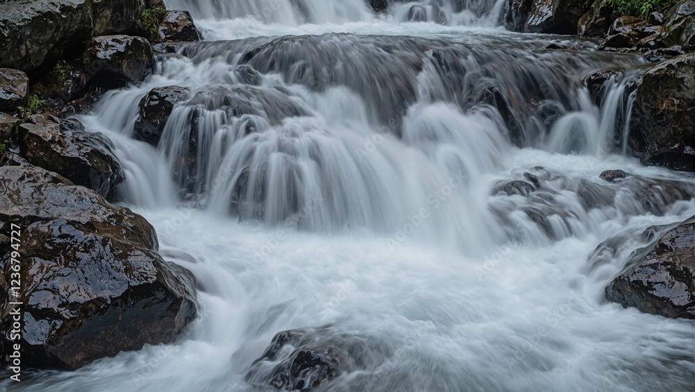 Fototapeta premium Captivating waterfall in motion blur over rocky terrain
