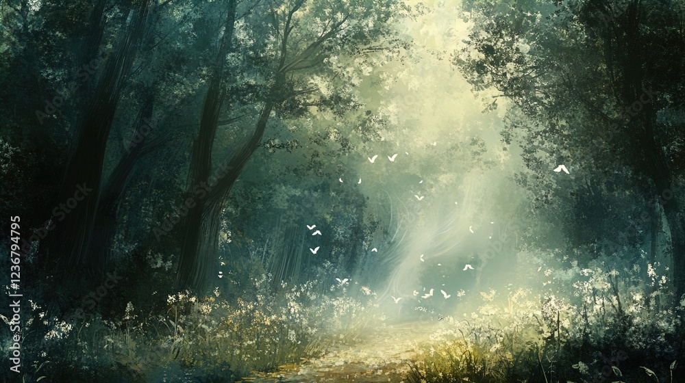 Fototapeta premium A serene forest scene featuring tall, dark trees with a pathway illuminated by soft, ethereal light. The ground is scattered with wildflowers and a gentle mist can be seen, enhancing the tranquil atmo