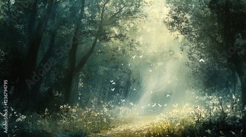 A serene forest scene featuring tall, dark trees with a pathway illuminated by soft, ethereal light. The ground is scattered with wildflowers and a gentle mist can be seen, enhancing the tranquil atmo photo