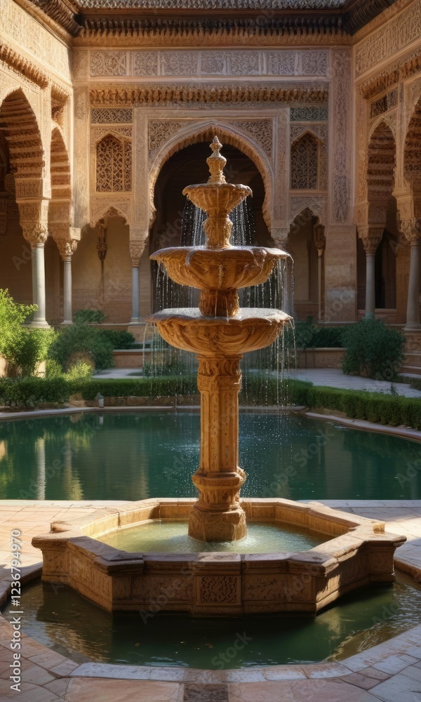 Fototapeta premium Ornate fountains in Alhambra's palace grounds, decorative, serene