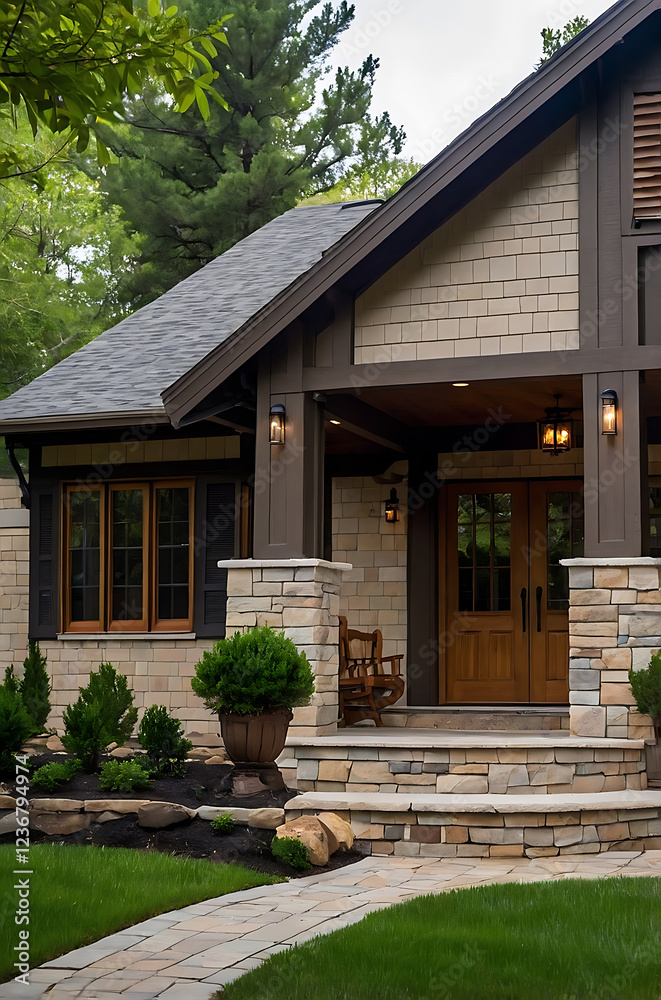 Craftsman Style Home Exterior: Stone, Wood, and Brick Architectural Design Craftsman Style Home Exterior: Stone, Wood, and Brick Architectural Design