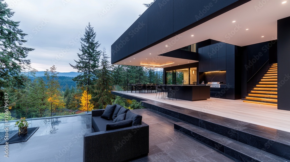 Modern home's outdoor patio with mountain view