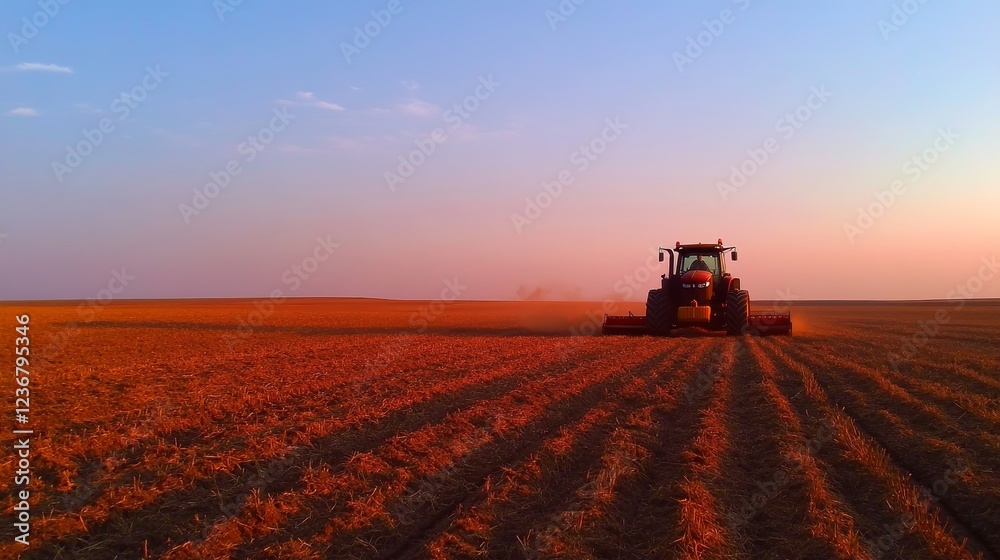 Tractor plowing a vast golden field at sunset, showcasing agricultural activity and serene landscape Tractor plowing a vast golden field at sunset, showcasing agricultural activity and serene landscape