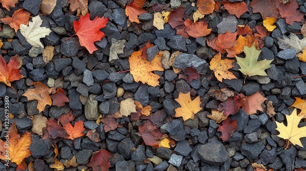 Autumn leaves in various shades of red, orange, and yellow scattered on dark gray gravel. The image provides a textured close up view of fallen Autumn leaves in various shades of red, orange, and yellow scattered on dark gray gravel. The image provides a textured close up view of fallen
