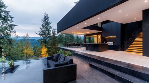 Obraz na płótnie Modern home's outdoor patio with mountain view w salonie