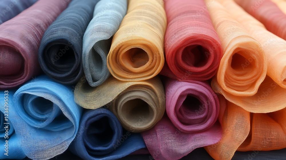 Rolled fabrics showcase vibrant colors and textures Rolled fabrics showcase vibrant colors and textures