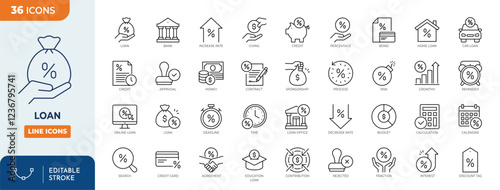 Loan line editable icon set. Loan and Credit related icons. Containing loan, credit, Borrow, money, Mortgage, leasing, income, banking and more. Vector illustration