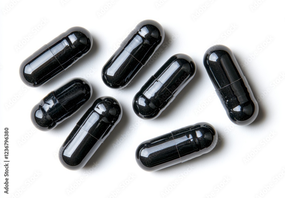 Close up view of several black capsules scattered on a white background. The capsules have a glossy finish, and the image is well lit Close up view of several black capsules scattered on a white background. The capsules have a glossy finish, and the image is well lit