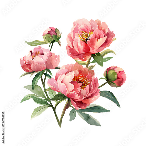 Fototapeta Naklejka Na Ścianę i Meble -  Peonies flowers and leaves isolated on white background. Watercolor hand drawn peony illustration for design.