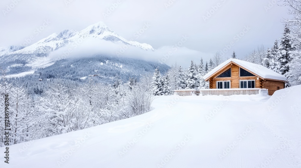 Snowy mountain cabin winter landscape, peaceful retreat Snowy mountain cabin winter landscape, peaceful retreat