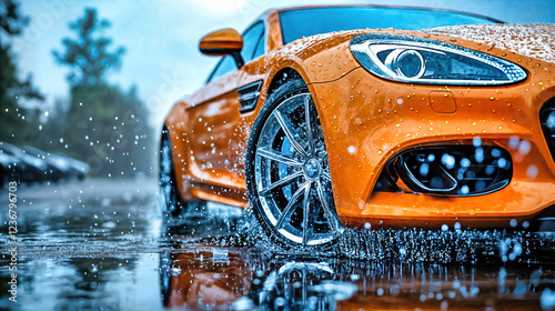 Wallpaper Mural Orange sports car with chrome alloy wheels in rain puddle. Luxury vehicle with water droplets and splashes on wet road. Premium automotive design detail. Performance Torontodigital.ca