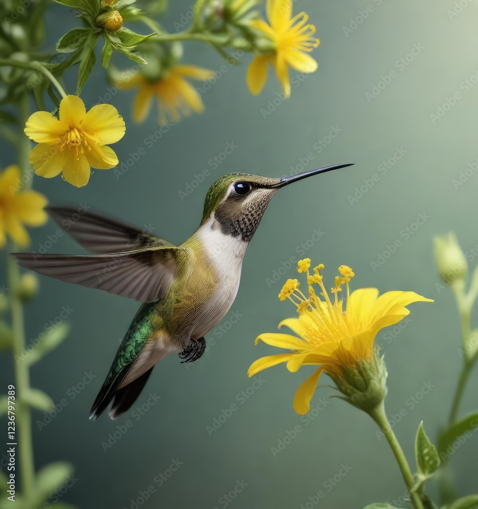 Fototapeta premium Hummingbird feeding on the sweet liquid of a small yellow flower with other nearby blooms, garden, insects, foliage