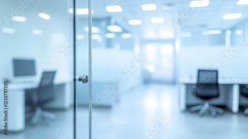 Blurry view through a glass door into a modern office space. Cool toned lighting, white desks, and black chairs are visible. The background is softly