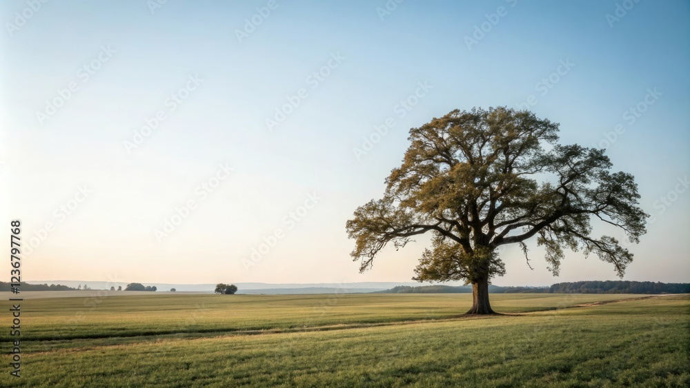 Obraz premium In a vast open field a majestic lone oak tree stretches towards the sky, tree, field, nature