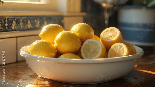 Fresh lemons in a bowl, sunlit kitchen, morning light photo