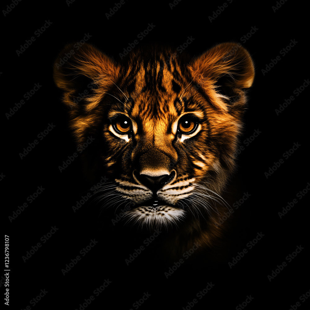 Obraz premium Close-up of a baby lion cub with soft golden fur and curious, wide eyes