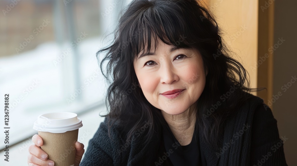 Smiling Woman Enjoying Coffee Indoors with a Warm Expression Smiling Woman Enjoying Coffee Indoors with a Warm Expression