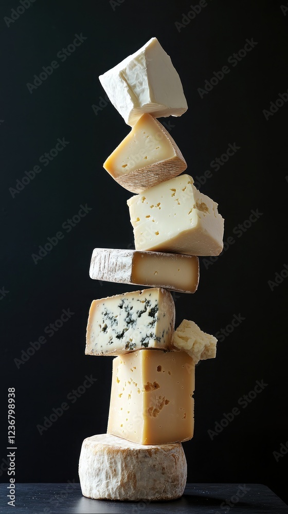 Fototapeta premium A creative stack of various cheese types showcases unique textures and colors