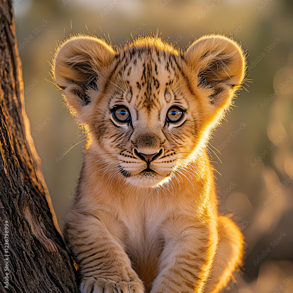 Obraz premium Close-up of a baby lion cub with soft golden fur and curious, wide eyes