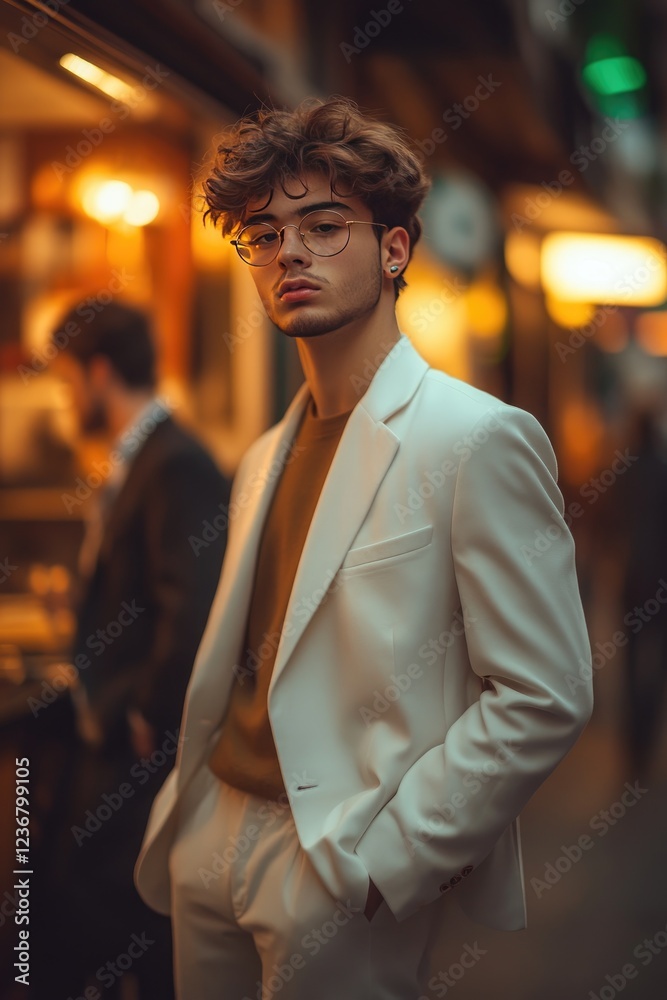Fototapeta premium Stylish Young Man in White Suit and Glasses Posing Confidently in Urban Night Scene