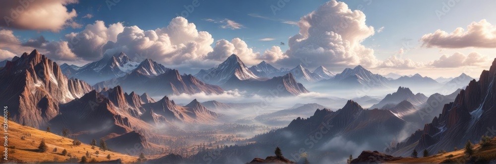Mountainous region with a multitude of clouds, natural landscape, blue heavens, mountain vistas Mountainous region with a multitude of clouds, natural landscape, blue heavens, mountain vistas