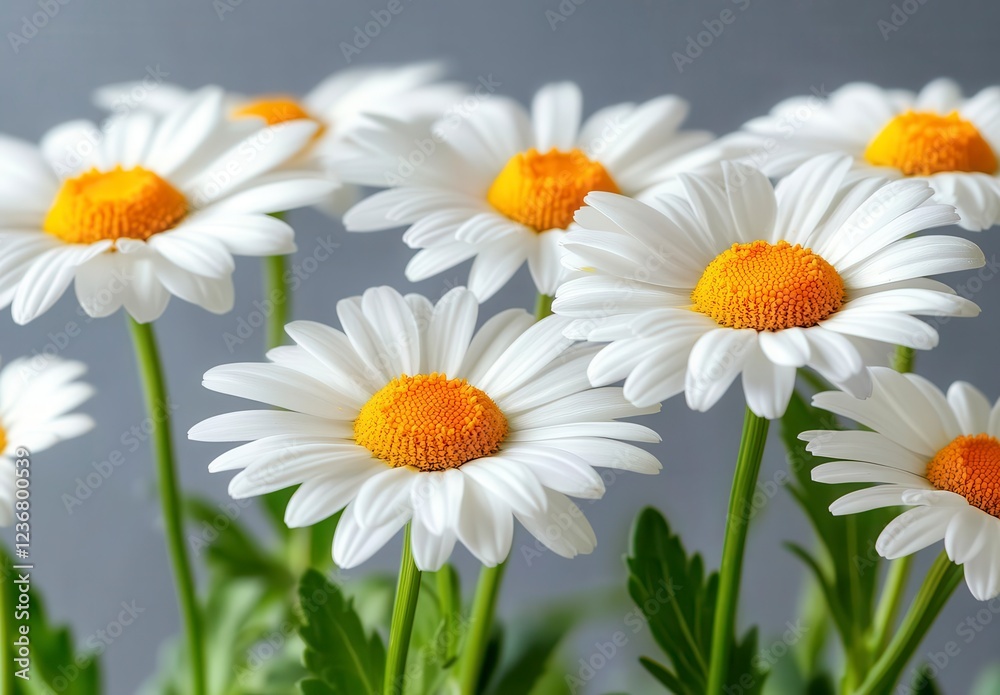 Fototapeta premium Close up of several white daisies with yellow centers against a gray background. The daisies are in focus, showcasing their delicate petals and