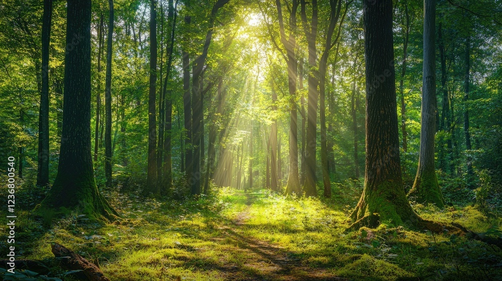 Obraz premium A dense jungle with towering trees, vibrant green foliage, and sunlight streaming through the canopy.