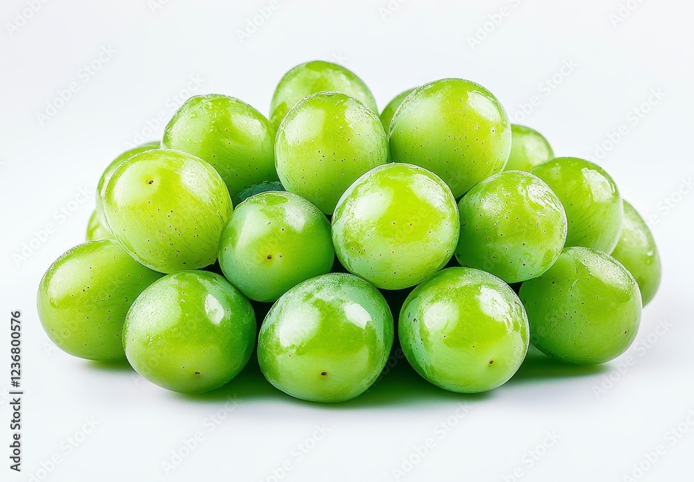 Obraz premium Close up view of a cluster of green grapes with a subtle sheen, arranged on a plain white background. The grapes appear fresh and juicy