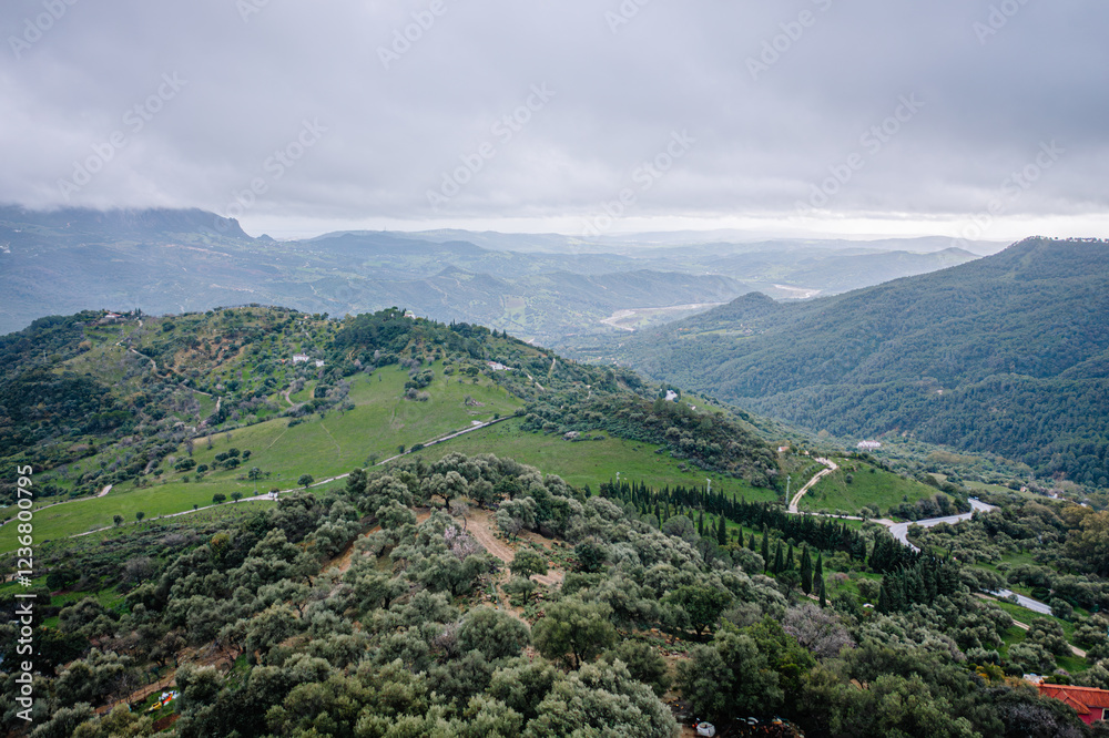 Obraz premium A scenic view of Gaucín’s lush green hills and valleys under an overcast sky, showcasing the natural beauty of this Andalusian landscape.