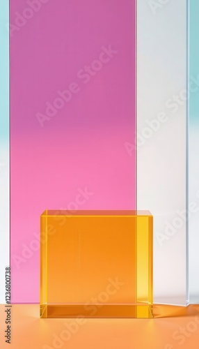 Colorful translucent glass panels, minimalist geometric background. Gradient of light tones of pink, orange and blue. Abstract architectural style. Vertical