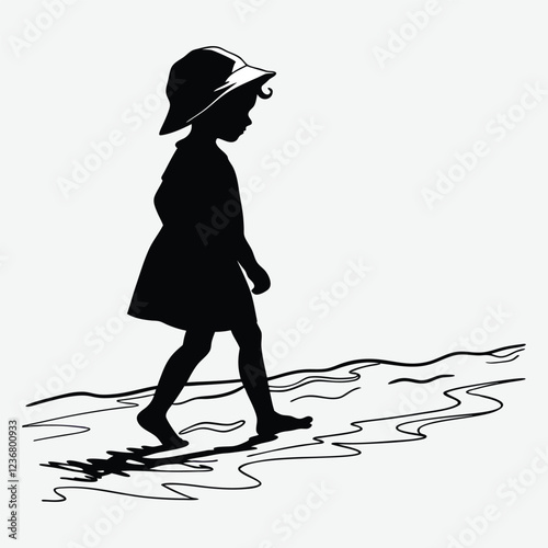 a-little-child-standing-on-the-beach-with-a-hat-on his head silhouette image vector art and illustration