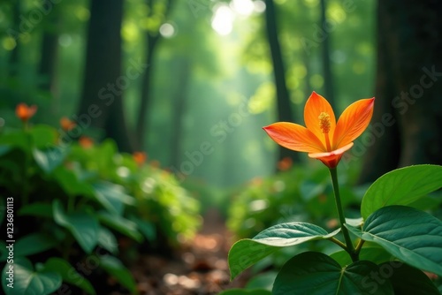 Orange Cascabela thevetia blooms in a lush green forest canopy, bloom, verdant photo
