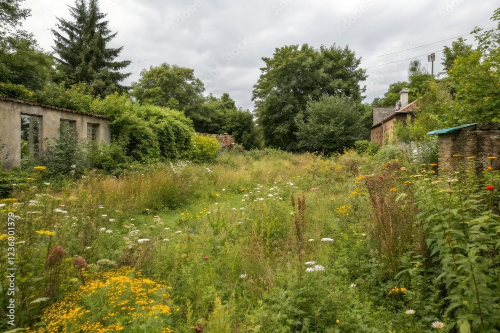 Overgrown garden with weeds and wildflowers in shades of green and brown, weeds, grunge Overgrown garden with weeds and wildflowers in shades of green and brown, weeds, grunge