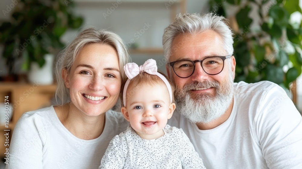 Happy family portrait, home interior, baby, parents Happy family portrait, home interior, baby, parents