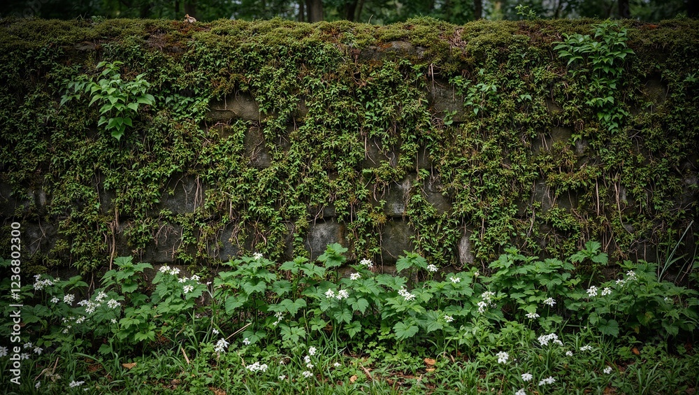 Tranquil woodland scene with mossy wall ferns and wildflowers Tranquil woodland scene with mossy wall ferns and wildflowers